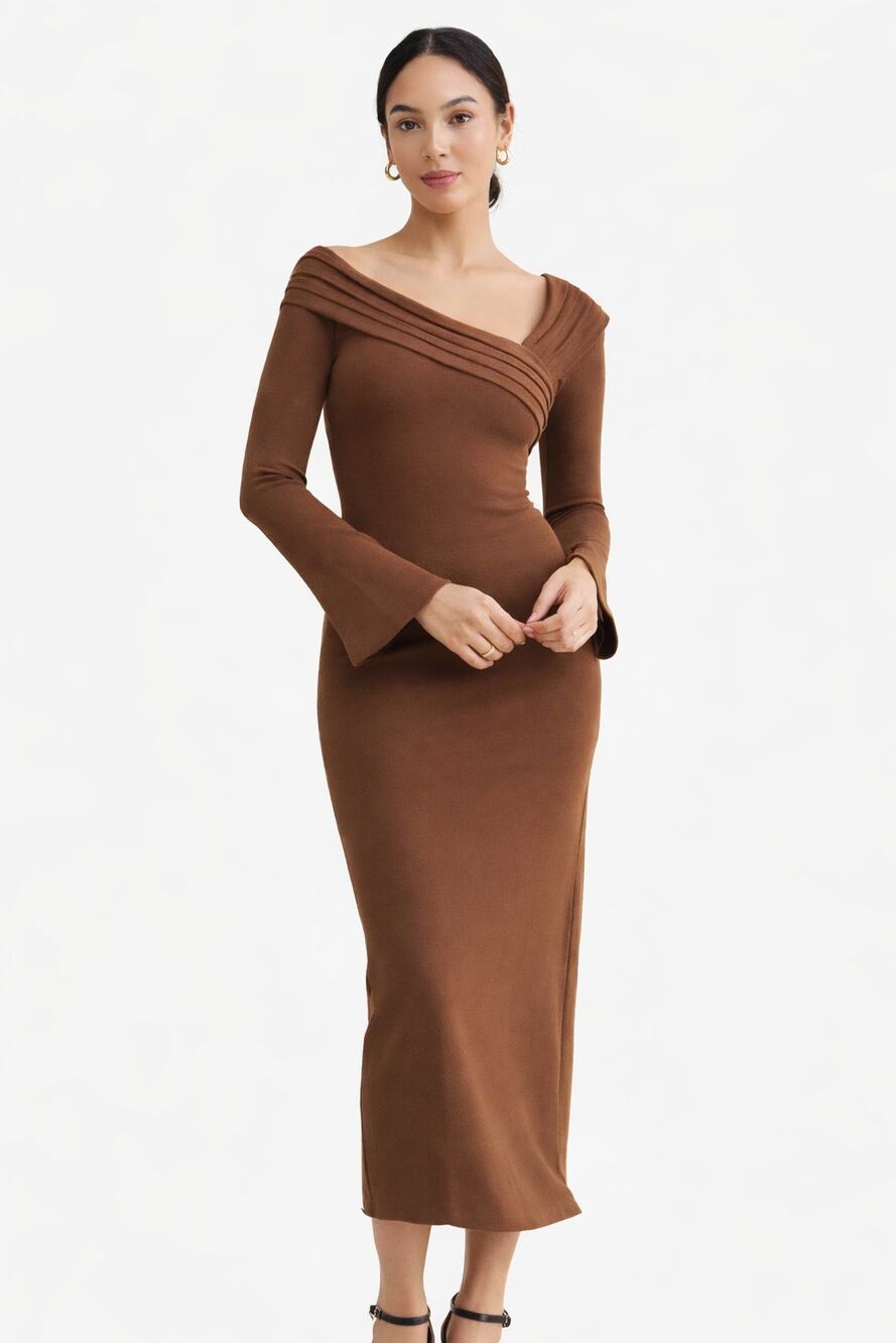 Elexiay Enugu Long Sleeve Knit Midi Dress Chocolate Brown Womens Size XS New